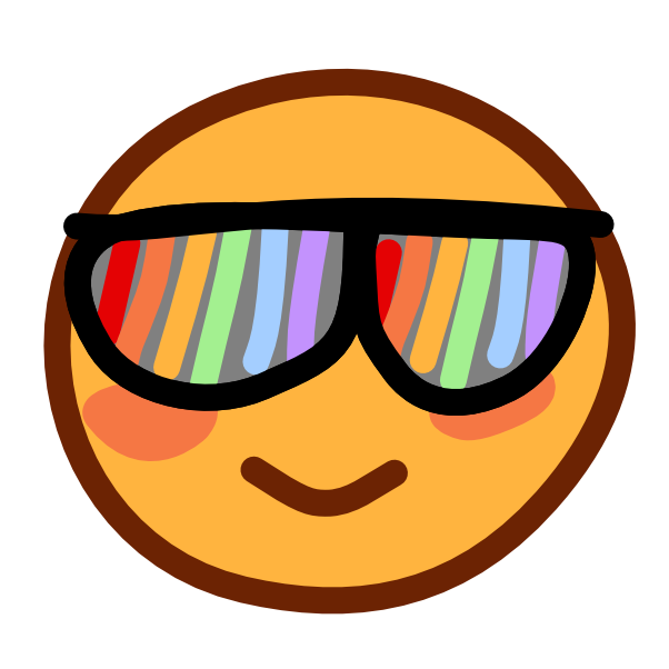 A smiling yellow face wearing sunglasses with rainbow colored lenses has dark line art.